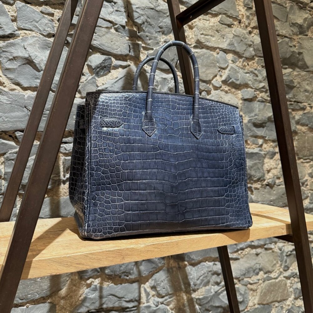 Hermès 2010 Brighton Blue Shiny Porosus Crocodile Birkin 35 Bag - Picture 9 of 16